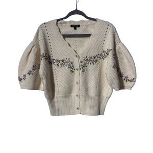 Dimple Hsu Floral Embroidered Cardigan Sweater Puff Sleeve Knit Large